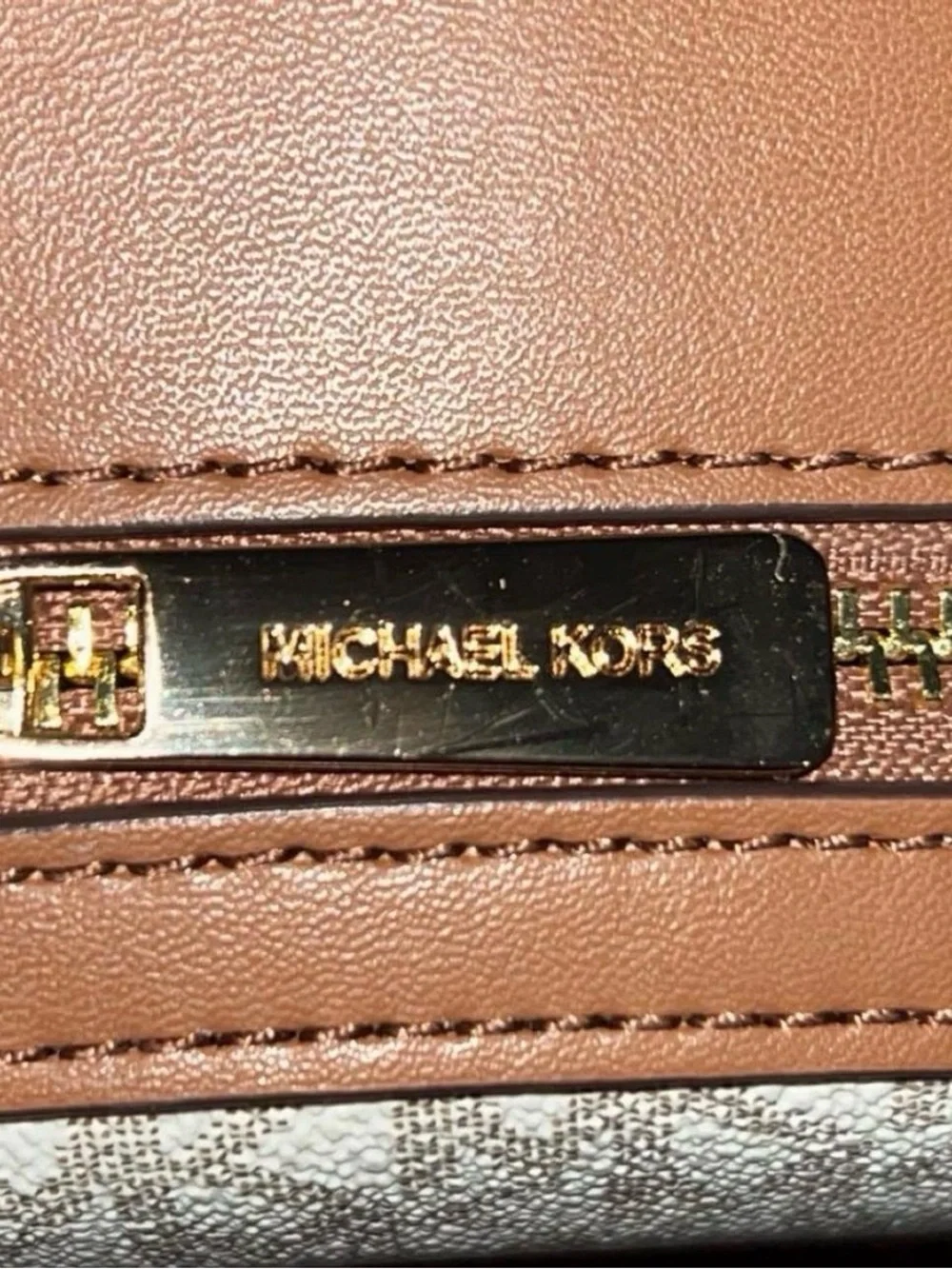 Michael Kors Ivory Monogram Backpack with Brown Trim